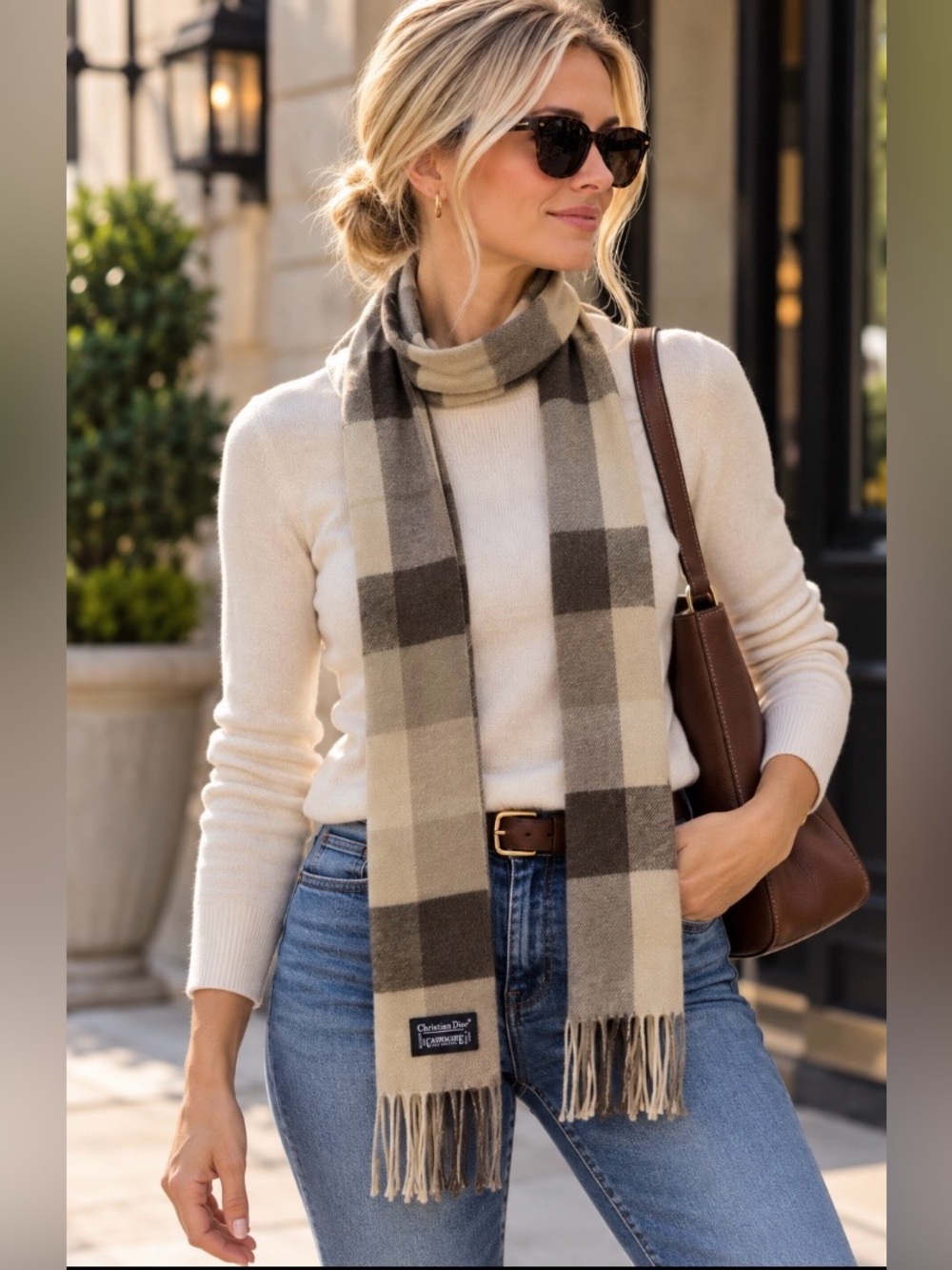 Christian Dior Vintage Scarf Beige Brown Check Plaid 53x11